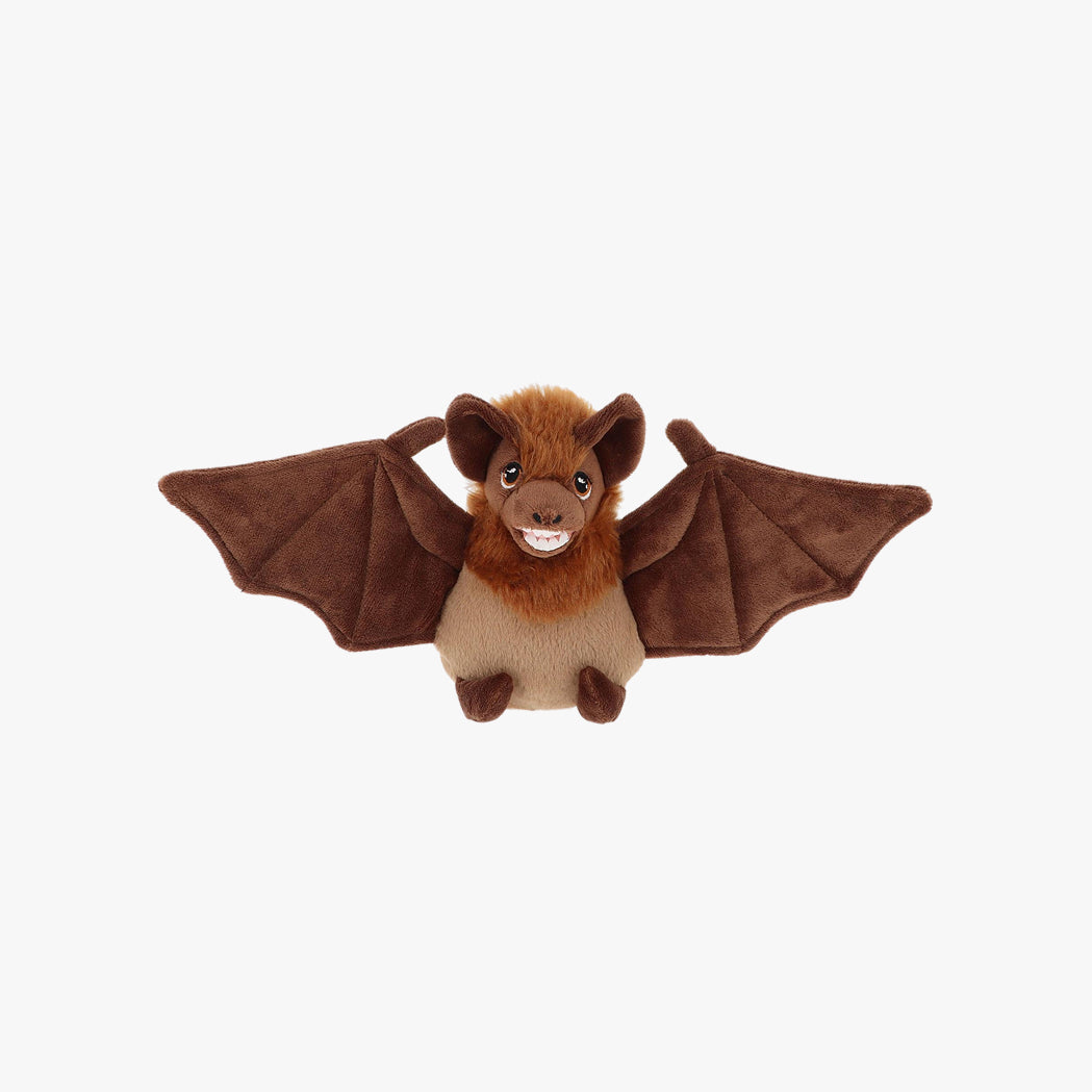 Plush toy bat with brown wings and beige body on a white background