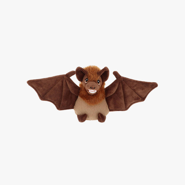 Plush toy bat with brown wings and beige body on a white background