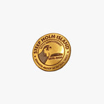 Gold pin badge with 'Steep Holm Island' and '50th Anniversary' text on a white background
