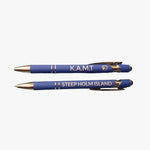 Two blue pens with gold accents and engraved text on a white background