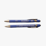 Two blue pens with gold accents and engraved text on a white background