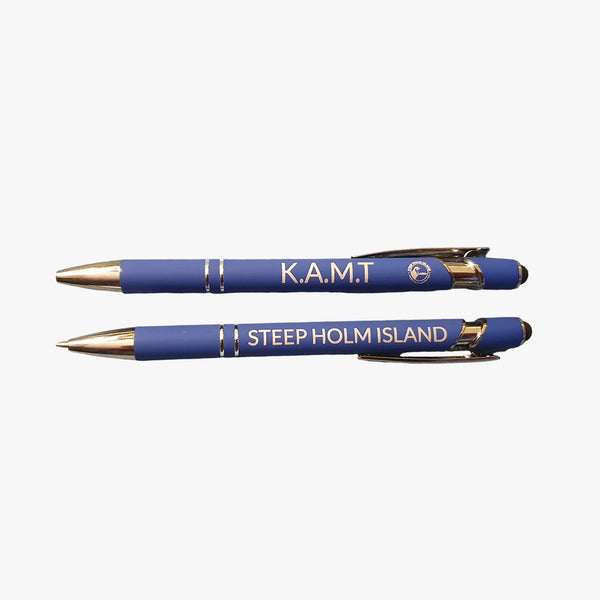 Two blue pens with gold accents and engraved text on a white background
