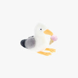 Plush toy duck with a pink ice cream cone on a white background
