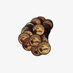 Collection of round embroidered patches with branding on a white background